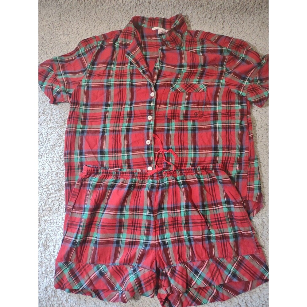 Victoria's Secret Plaid Flannel Pajama Set Button-Up Short Sleeve Elastic S
